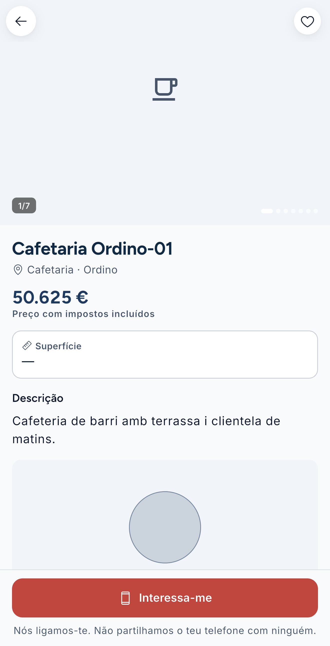 Ficha de um negócio com a localização aproximada