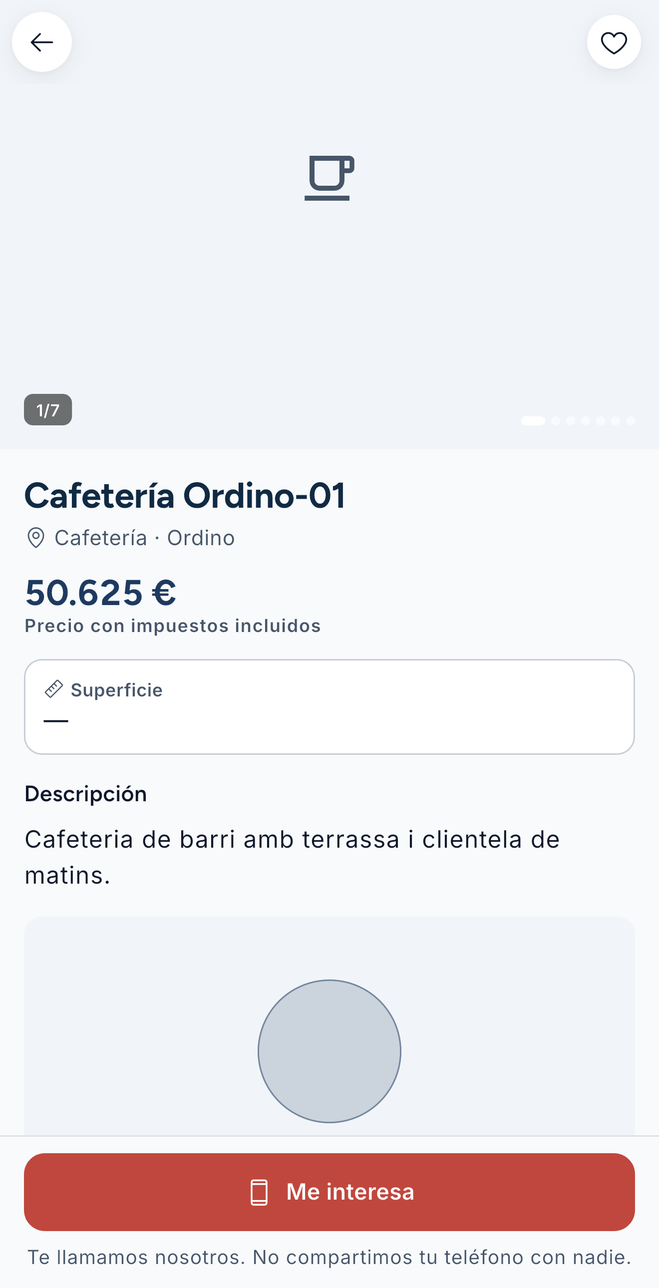 Ficha de un negocio con la ubicación aproximada
